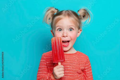 Obraz na płótnie happy blonde girl with pigtails holding red popsicle against blue background summer concept w salonie