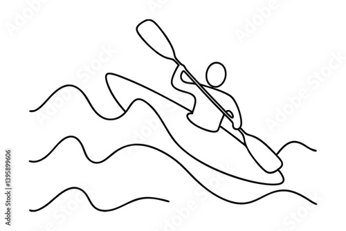 Minimalist Line Art Illustration Of A Person Kayaking On Water Waves