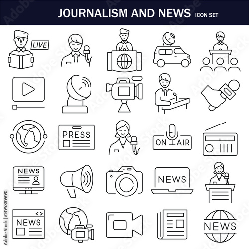 JOURNALISM AND NEWS ICON SET. Containing journalist, news, microphone, interview, reporter, podcast, press badge, newspaper and radio. Editable stroke. Vector illustration. EPS 10.