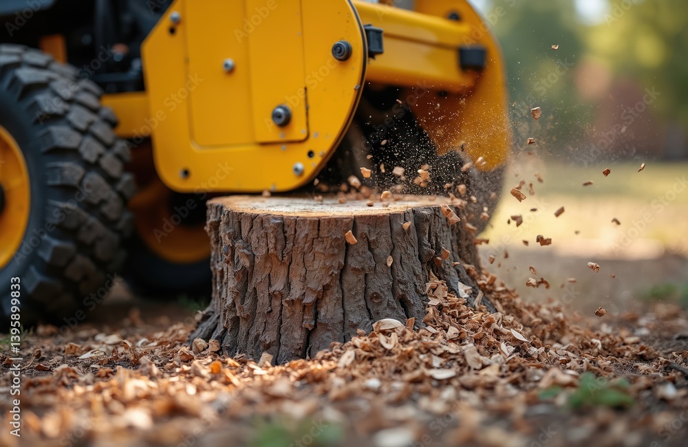 Yellow stump grinder cutting tree stump. Wood chips fly. Wood removal process. Construction equipment. Land clearing, wood waste, landscape. Forestry work. Tree service.