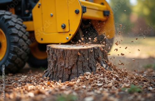 Obraz na płótnie Yellow stump grinder cutting tree stump. Wood chips fly. Wood removal process. Construction equipment. Land clearing, wood waste, landscape. Forestry work. Tree service. w salonie