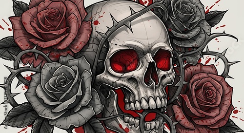 Skull with Roses Tattoo Illustration Red Eyes Thorns Decorative Design Concept