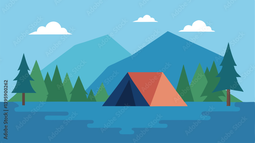 Tranquil Forest Lake with Tent at Sunrise Vector Tranquil Forest Lake with Tent at Sunrise Vector