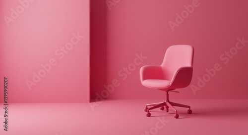 A minimalist pink room featuring a modern office chair in a monochromatic setting with soft lighting effects
