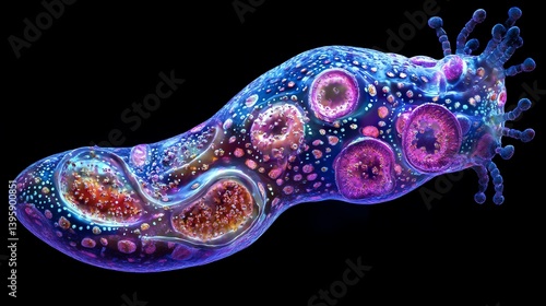 Detailed Colorful Microorganism with Intricate Designs on a Black Background