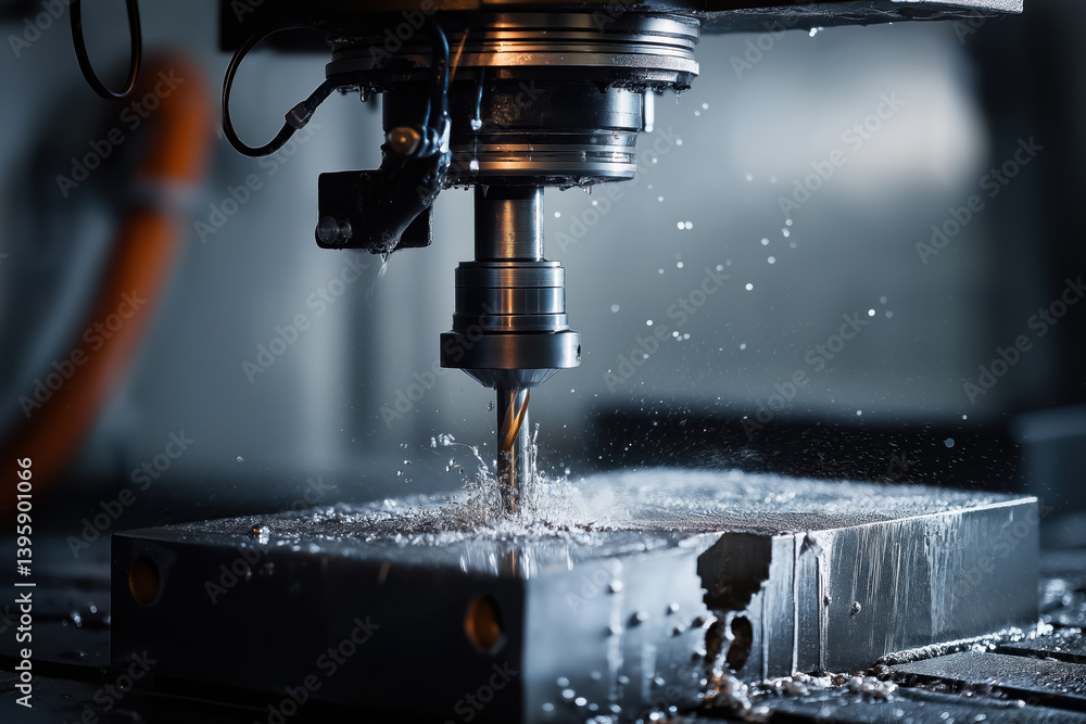 high precision cnc milling machine drilling metal plate with coolant splash in modern industrial workshop