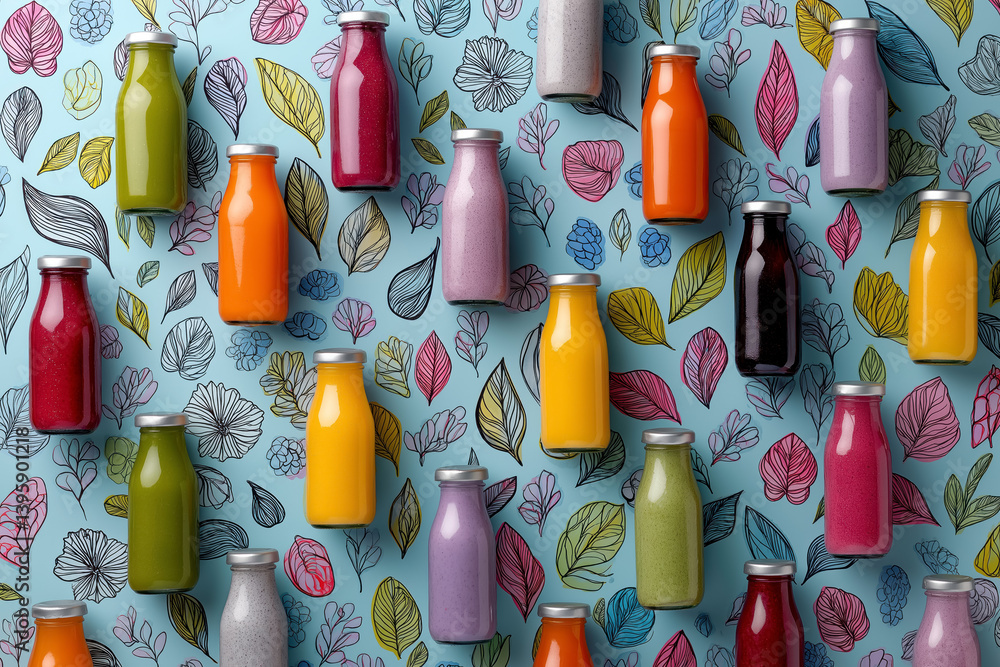 pattern of colorful smoothie bottles on blue floral background for healthy beverage branding and lifestyle visuals
