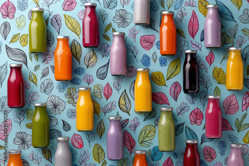 Obraz na płótnie pattern of colorful smoothie bottles on blue floral background for healthy beverage branding and lifestyle visuals w salonie
