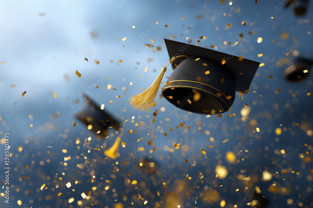 graduation hat flying in the air with golden confetti celebration on cloudy sky background