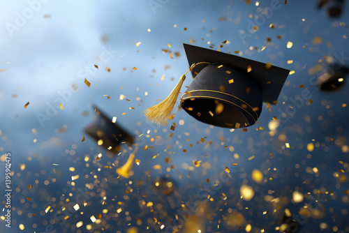 Obraz na płótnie graduation hat flying in the air with golden confetti celebration on cloudy sky background w salonie