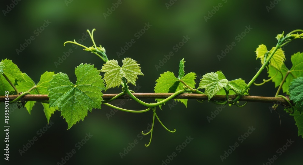 Obraz premium A close up of a vine with green leaves winding along a branch against a blurred green background outdoors
