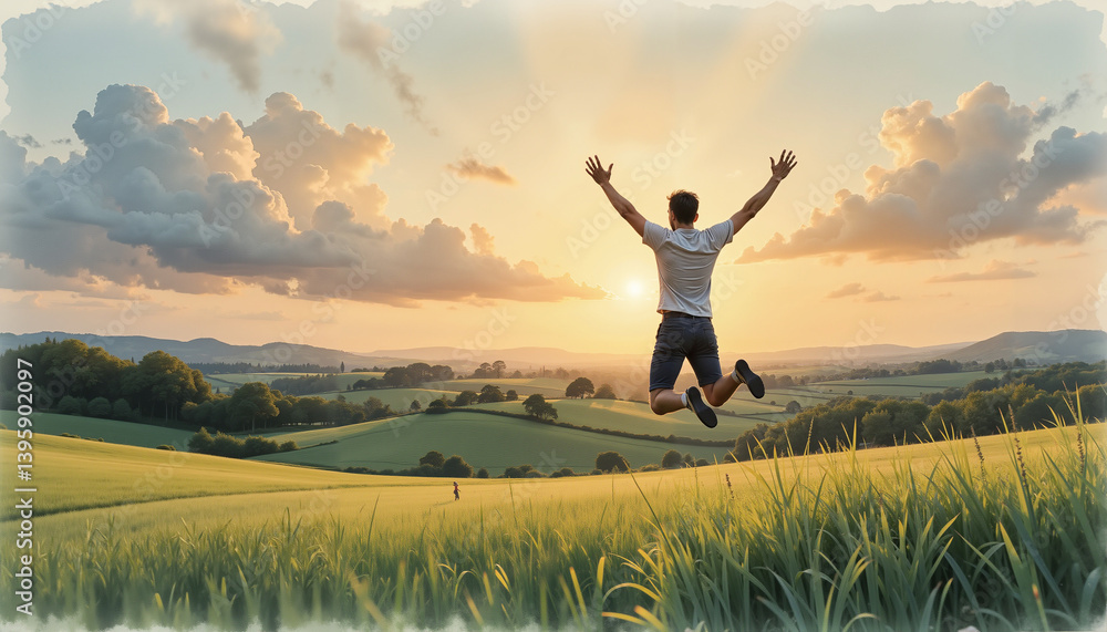 Joyful young man jumping with raised arms in a beautiful sunset landscape Joyful young man jumping with raised arms in a beautiful sunset landscape