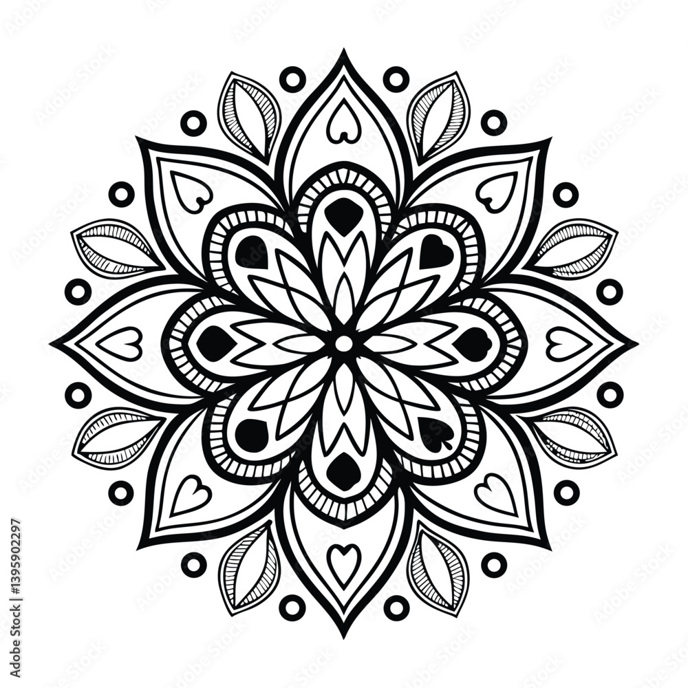 Fototapeta premium Black complex doodle mandala on a transparent background, for printable coloring.