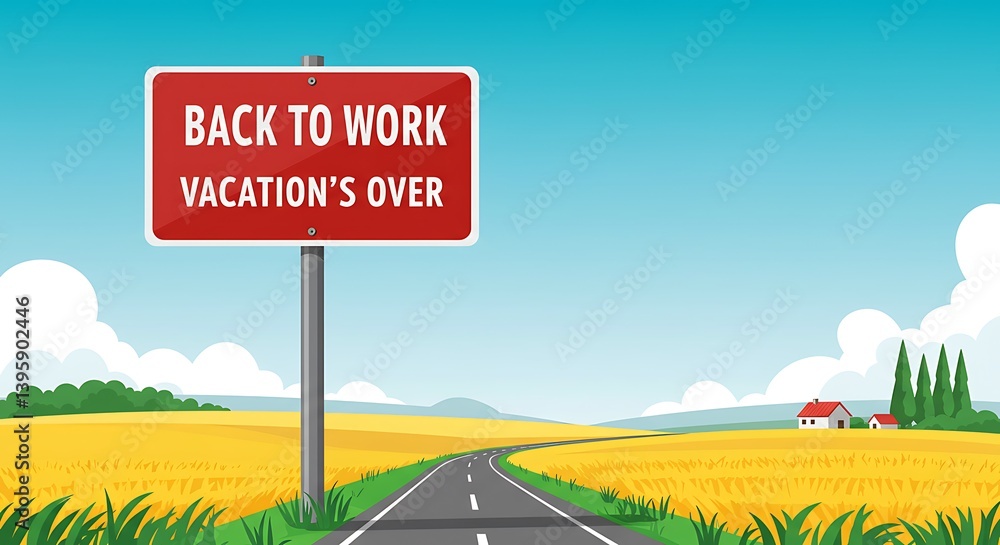 Obraz premium Back to Work Sign with Road and Fields Depicting End of Vacation