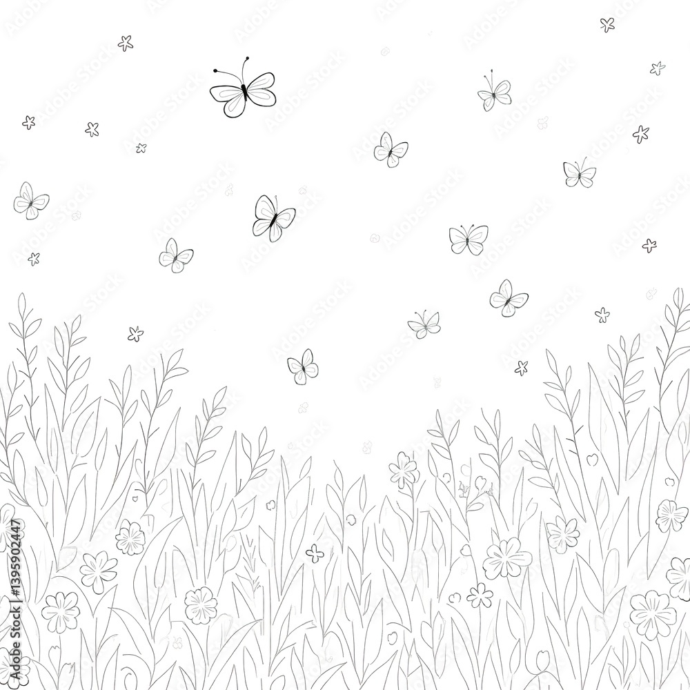 Serene Spring Meadow with Butterflies Dancing Simple Line Art White Background