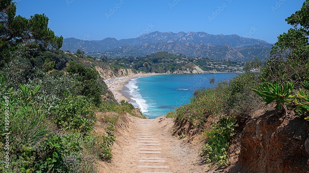 Obraz premium Scenic coastal path descends to secluded beach; turquoise water, mountains backdrop
