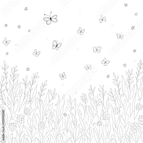 Obraz na płótnie Serene Spring Meadow with Butterflies Dancing Simple Line Art White Background w salonie