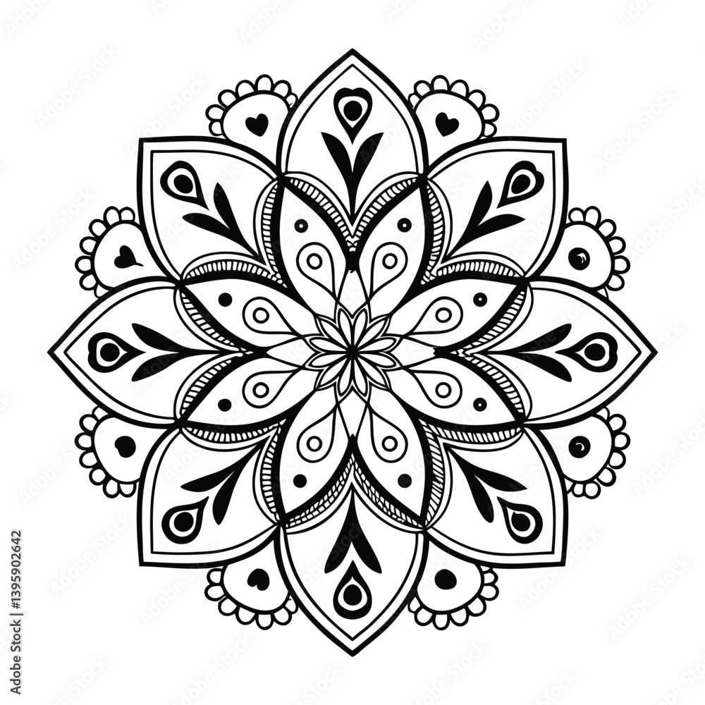 Fototapeta premium Black complex doodle mandala on a transparent background, for printable coloring.