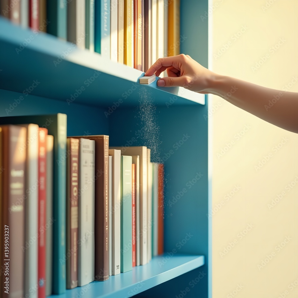 Dusting a bookshelf a hand gently removes dust from books creating a magical moment of calm and