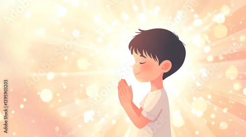 A small child in a prayerful pose hands together