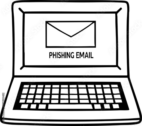 A cartoon-style laptop displays a message about a phishing email, highlighting cybersecurity awareness and the dangers of online scams.
