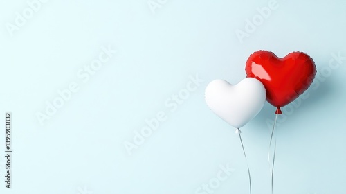 Two heart-shaped balloons, red and white, against a light blue background