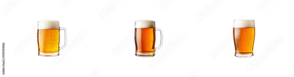 Three frosty beer mugs with foam, refreshing lager, cut out transparent Three frosty beer mugs with foam, refreshing lager, cut out transparent