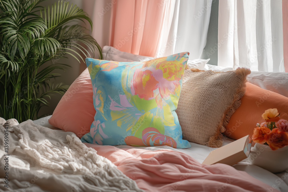 pastel floral print cushion on cozy bed with coral pillows and soft light in relaxing bedroom setting