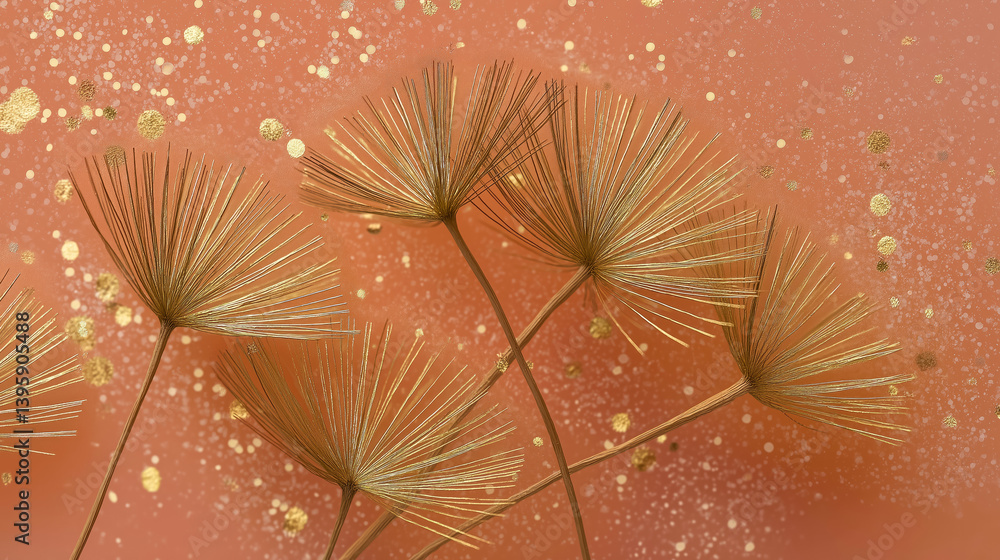 golden line art dandelions on soft pastel pink background minimalist floral abstract design