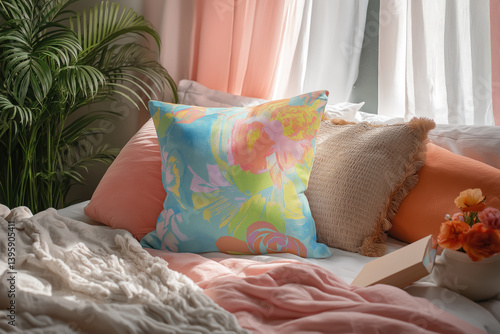 Obraz na płótnie pastel floral print cushion on cozy bed with coral pillows and soft light in relaxing bedroom setting w salonie