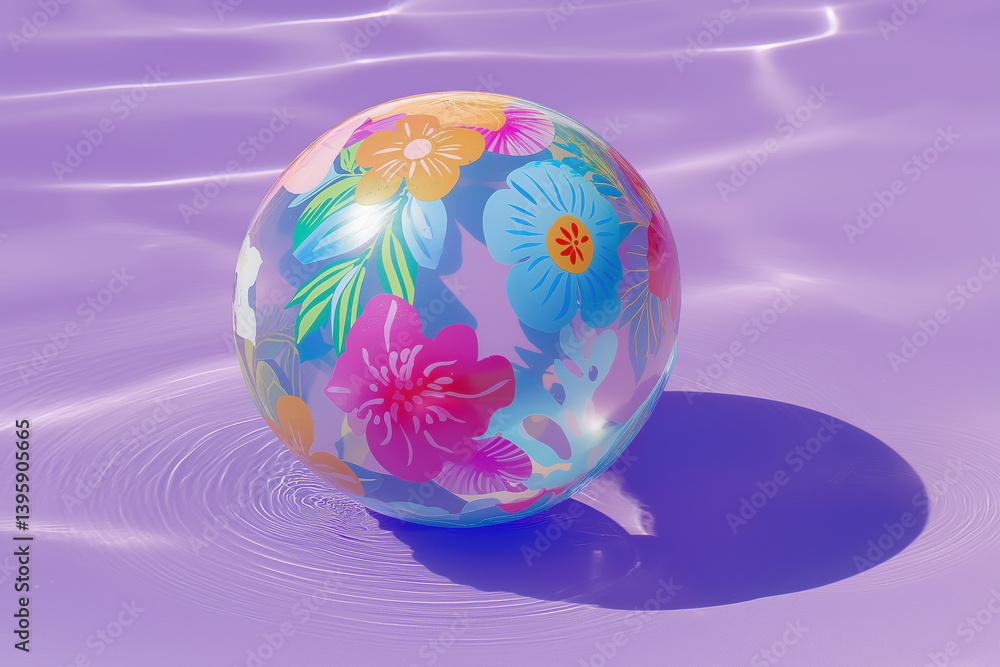 colorful inflatable beach ball with tropical floral print floating in pastel purple pool....Keywords:
