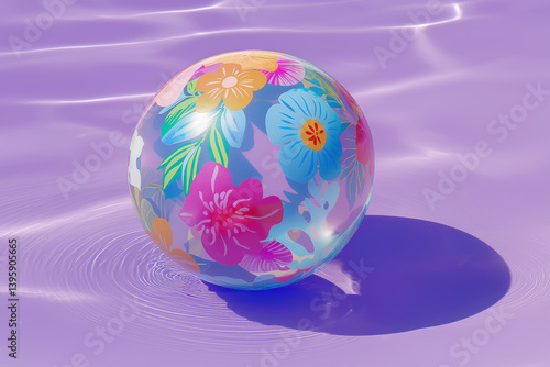 Obraz na płótnie colorful inflatable beach ball with tropical floral print floating in pastel purple pool....Keywords: w salonie