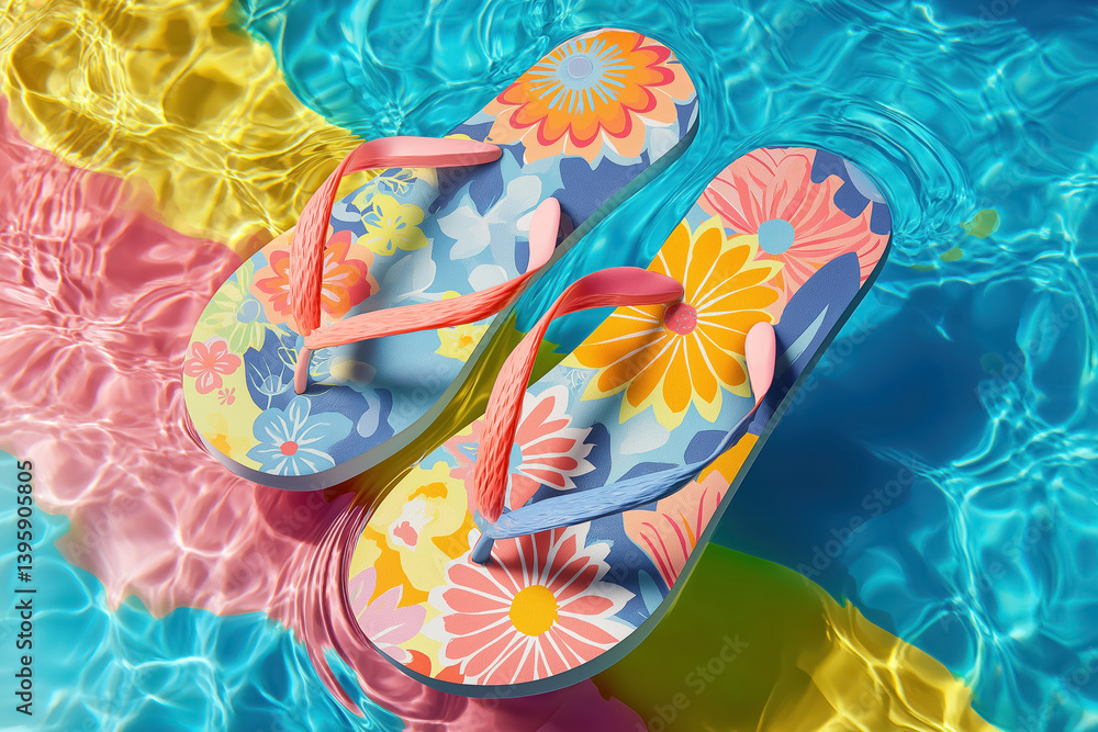 pair of floral print flip-flops floating in pool with vibrant reflections and summer colors