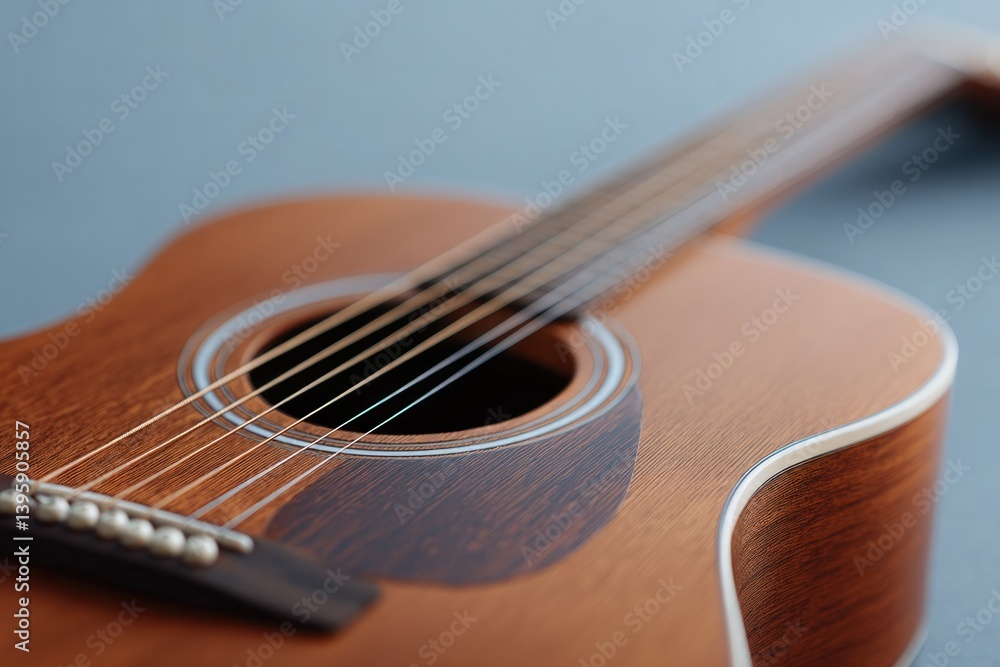 Fototapeta premium close-up of minimalist acoustic guitar scene with focus on strings and soundhole