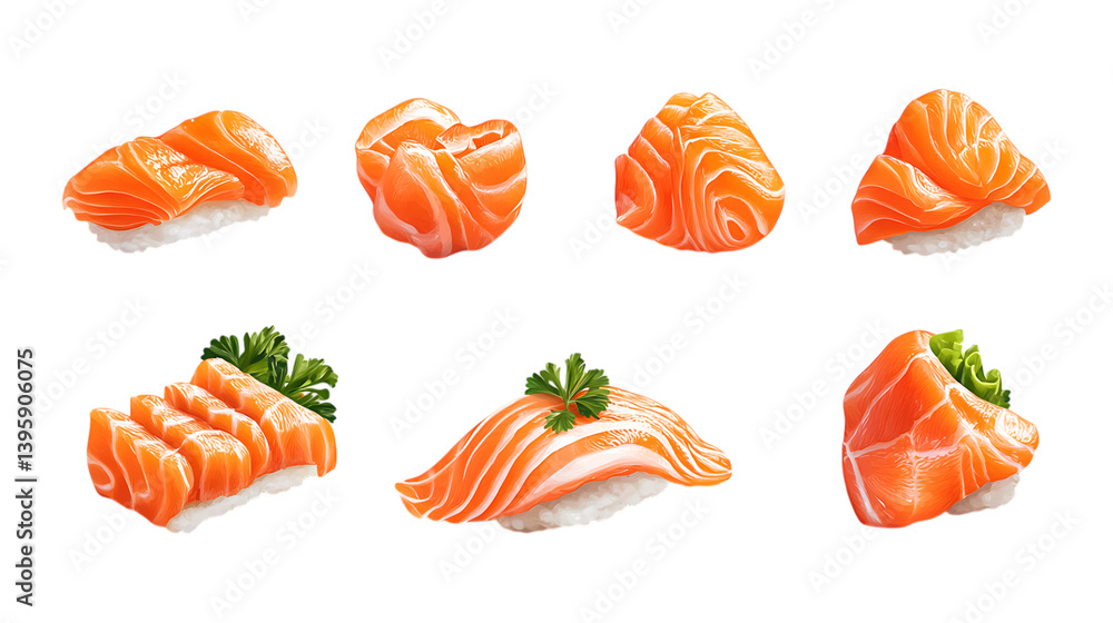 Fototapeta premium Pack Sashimi Set in Different Poses Against Transparent Background for Japanese Cuisine, Seafood Branding, or Fine Dining Graphics