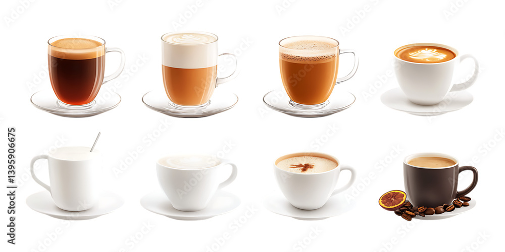 Pack Warm Beverage Set in Different Poses Against Transparent Background for Café Branding, Menu Design, or Cozy Lifestyle Promotions Pack Warm Beverage Set in Different Poses Against Transparent Background for Café Branding, Menu Design, or Cozy Lifestyle Promotions