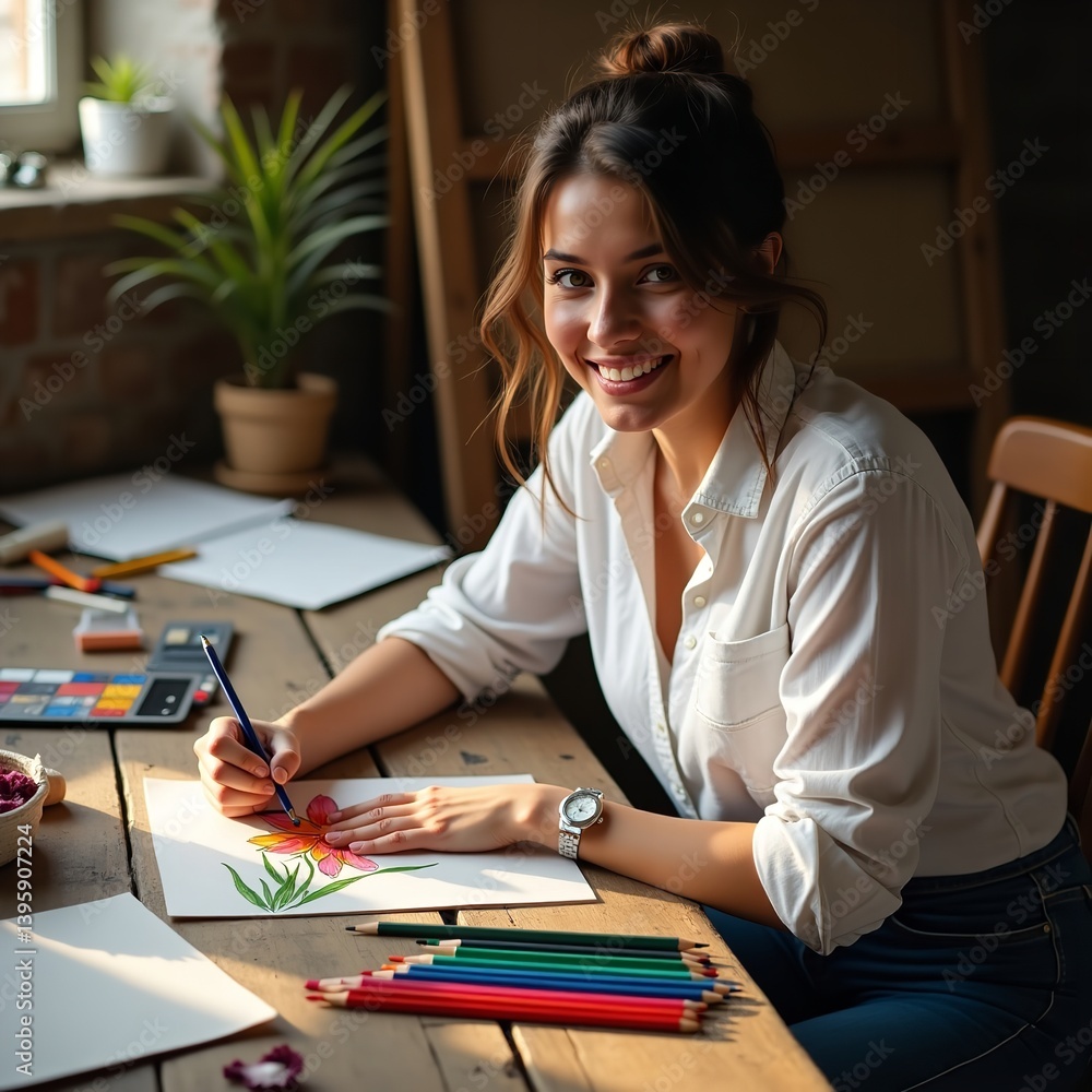 Happy artist drawing colorful flowers in cozy studio soft light blurred background