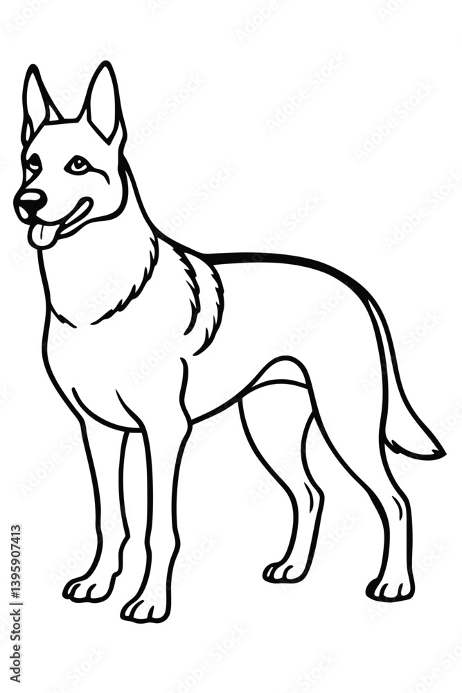 Obraz premium A black-and-white cartoon of a standing dog with pointed ears, a happy expression, and its tongue out, on a white background.