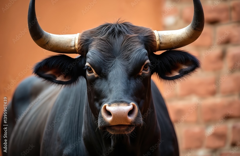 Naklejka premium Menacing Spanish bull close-up. Dark animal with sharp horns stares forward. Powerful wildlife. Brown brick wall background. Danger. Fear. Spain culture, bullfight or wild nature concept.