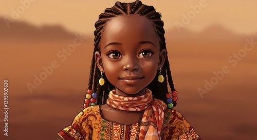 Young African Girl Smiling Portrait with Braids and Colorful Dress in Desert Setting