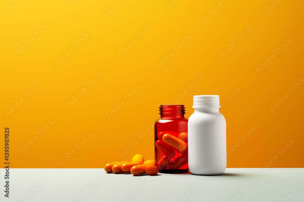 A creative, artistic arrangement of yellow and red pills spilling from a medicine jar against a clean background. suitable for medical, pharmaceutical, or conceptual art content related to wellness
