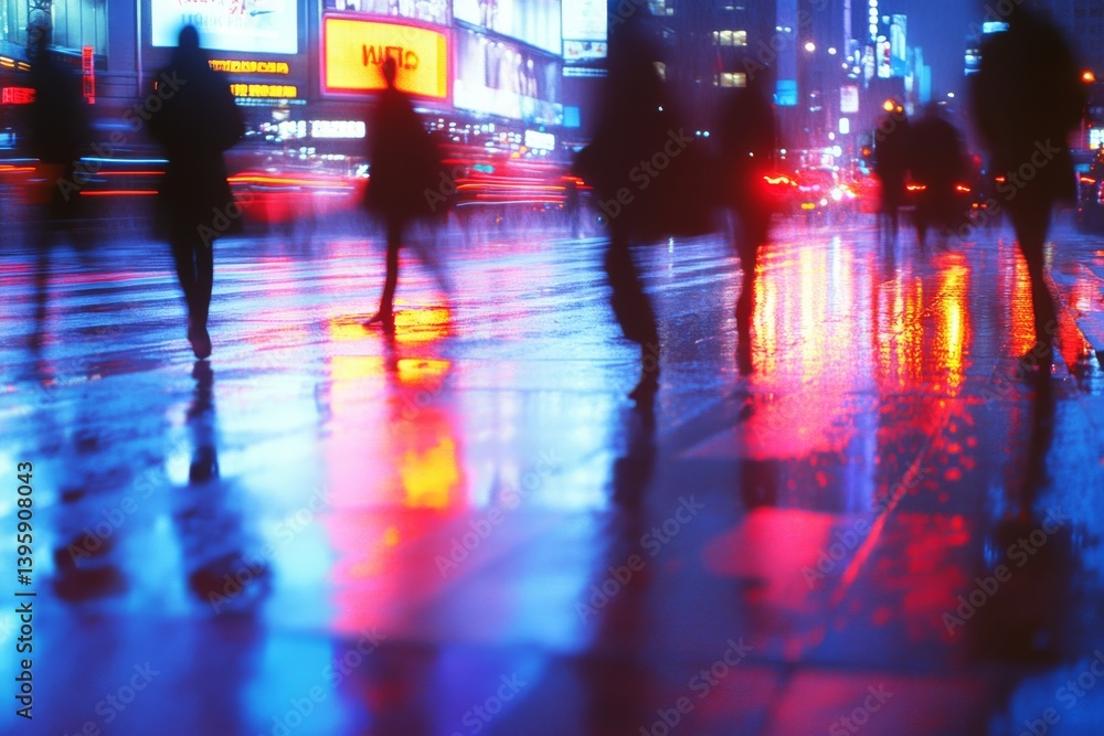 Blurred figures walk through a rain-soaked city street, where vivid blue and red lights paint reflections on the wet pavement. Blurred figures walk through a rain-soaked city street, where vivid blue and red lights paint reflections on the wet pavement.