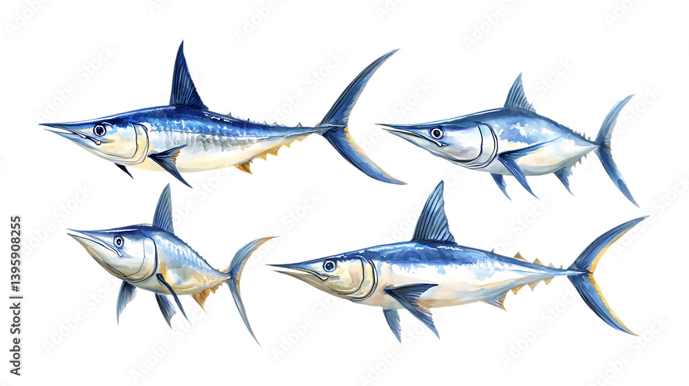 Obraz premium Pack Swordfish Set in Different Poses on Transparent Background for Seafood, Marine, and Culinary-Themed Designs