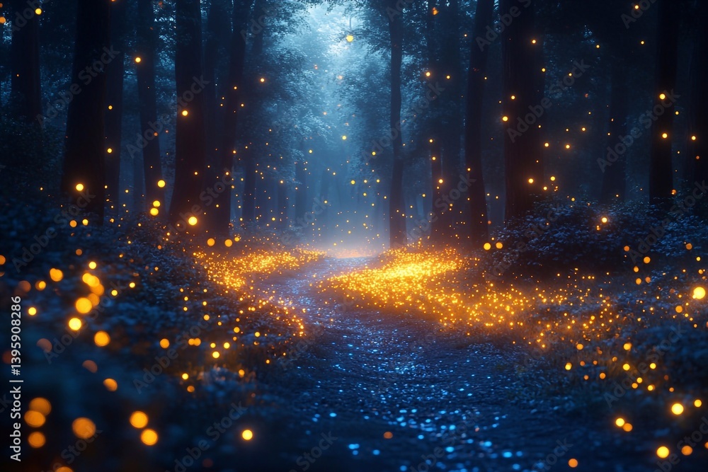 Naklejka premium Forest An ancient forest shrouded in thick fog. Among the large trees, small golden lights glow - these are fireflies floating freely in the air.