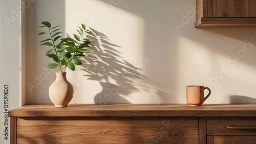 Cozy minimalist product display mockup design featuring a wooden top green counter with a warm white wall, a vase, plant, and ceramic mug in a kitchen interior.