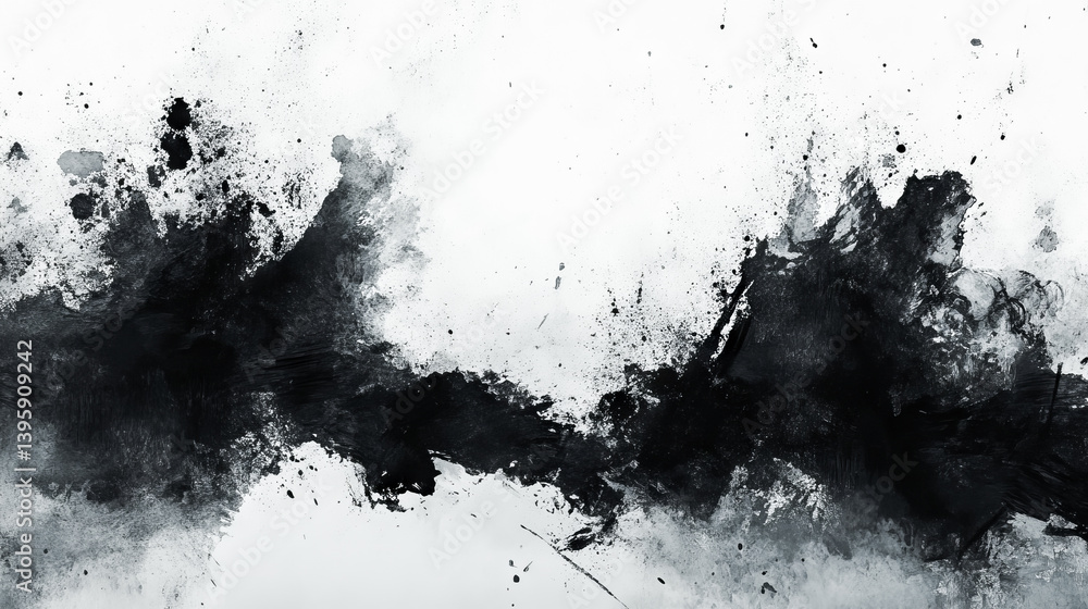 Abstract shape Ink splatter. Smoke black and white colors watercolor and ink cloud blot on white background
