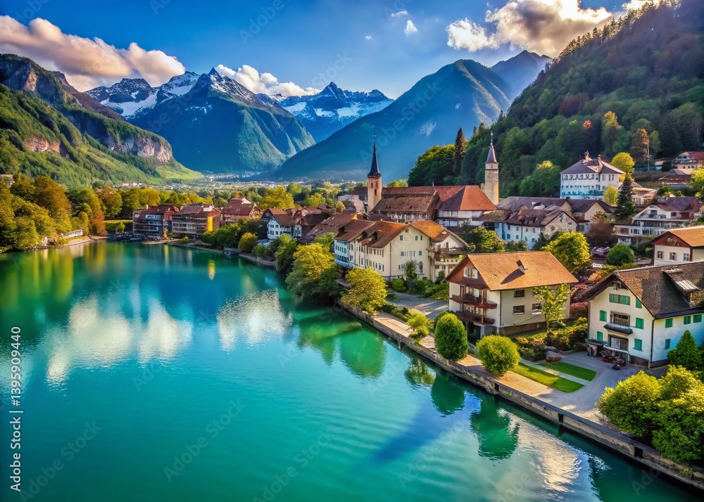 Fototapeta premium Interlaken Switzerland: Majestic Alpine Scenery, Breathtaking Lake Views, Picturesque Swiss Village