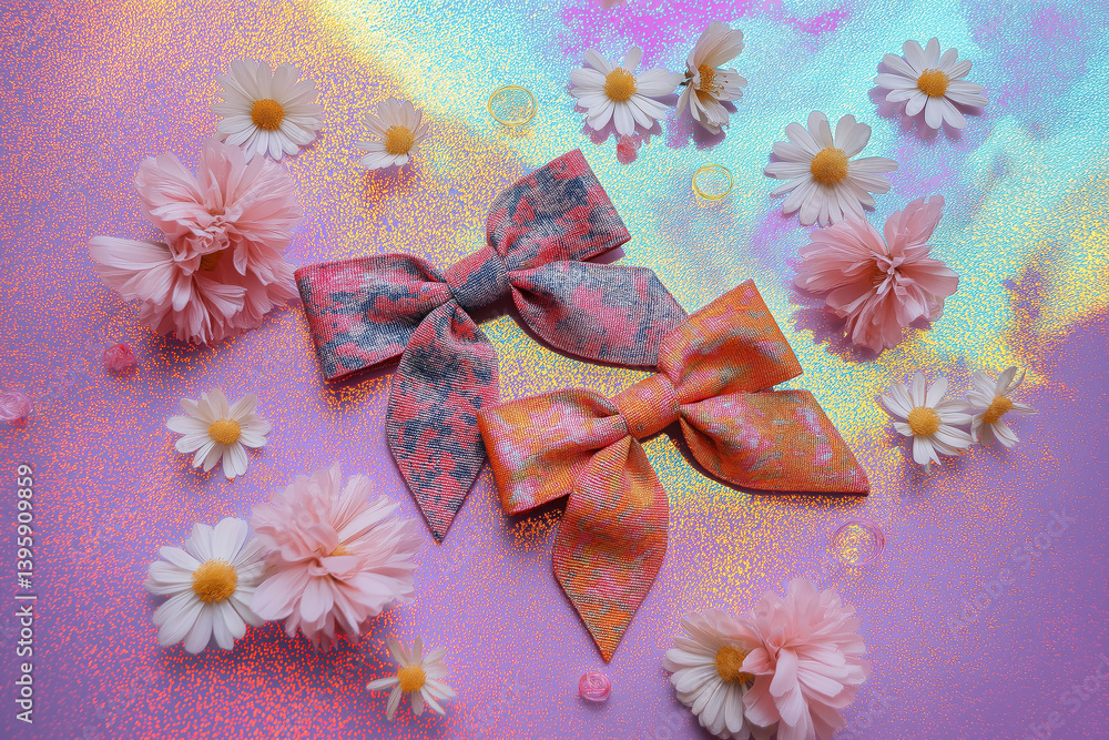 colorful fabric bows with floral accessories on iridescent pink holographic background for feminine decorative themes
