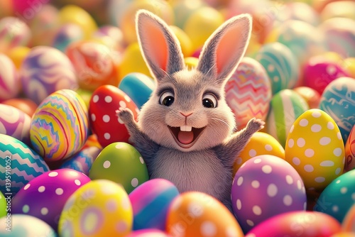 Wallpaper Mural Excited 3D bunny with raised arms surrounded by vibrant Easter eggs, radiating festive cheer. Ideal for Easter greetings, kids’ media, and seasonal advertising Torontodigital.ca
