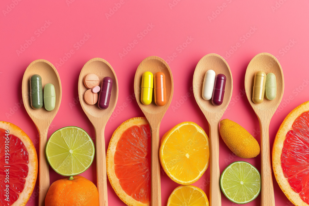 wooden spoons filled with colorful dietary supplements surrounded by sliced citrus fruits on pink background